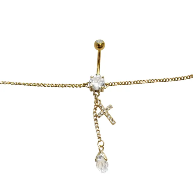 Belly Chain Navel Ring Gold Plated Waist Dangle Teardrop & CZ Cross Chain 14G