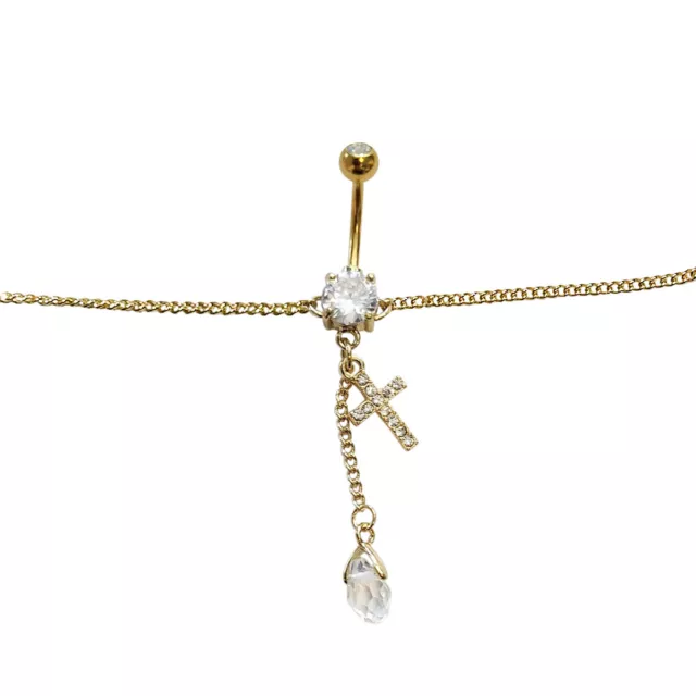 Belly Chain Navel Ring Gold Plated Waist Dangle Teardrop & CZ Cross Chain 14G