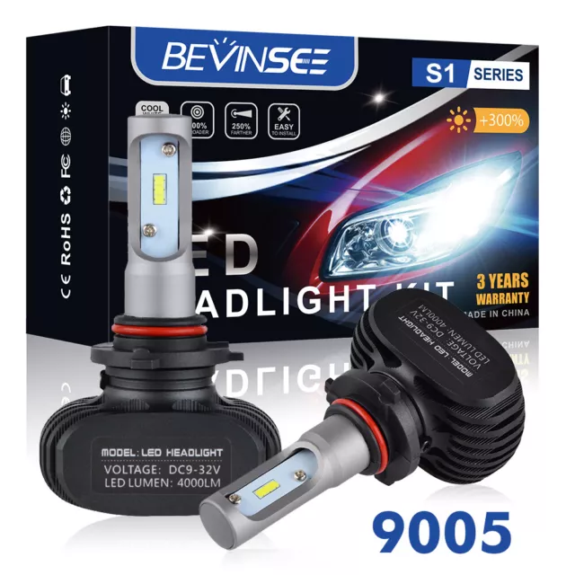 Bevinsee HB3 LED Phare Ampoules 8000LM 6000K Feu de route Blanc Sans ventilateur