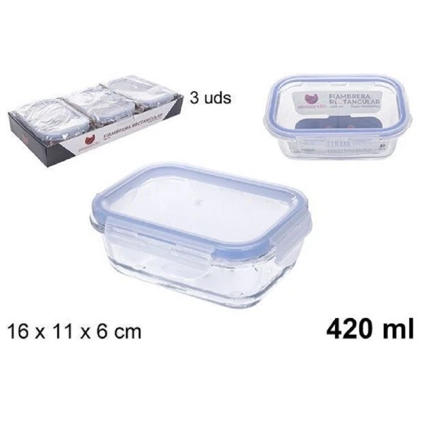 Set 3pz Contenitori Per Alimenti In Vetro Con Coperchio Di Plastica 420ml 110550