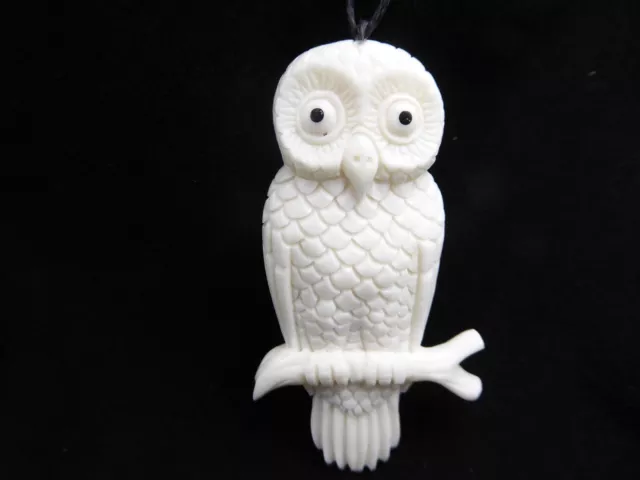 Owl On A Branch Handmade White Water Buffalo Bone Pendant With Cord Necklace