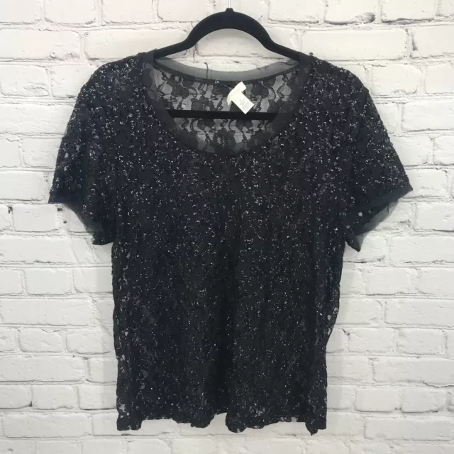 Chicos Top Womens Large 2 Black Sequin Sheer Short Sleeve Casual Blouse