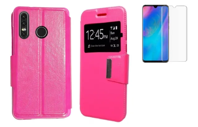 Funda HUAWEI P30 Lite (6,15) ROSA Libro ventana+ Cristal Completo cubre todo