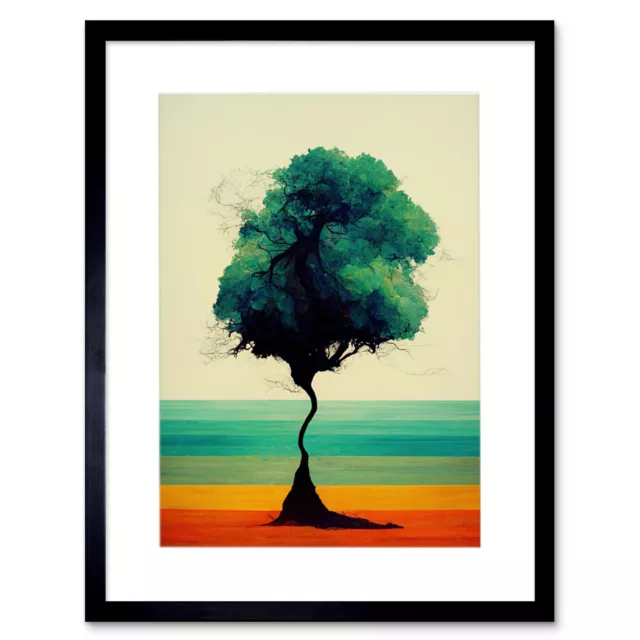 Lone Tree Bold Striped Landscape Framed Wall Art Print Picture 12X16