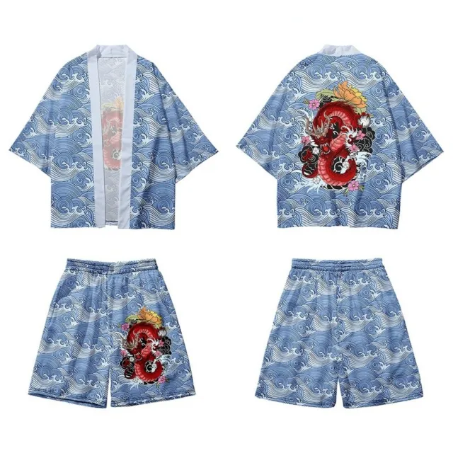 Men Kimono Coat Outwear Tops Shorts Outfit Fish Dragon Japanese Wave Summer