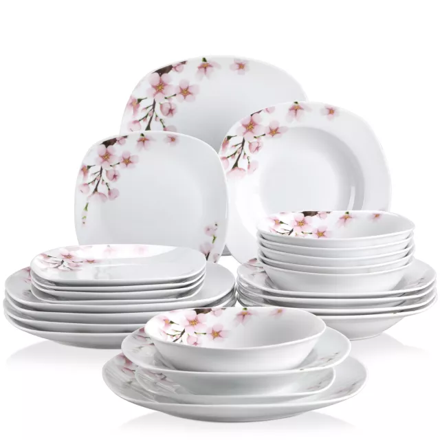 VEWEET ANNIE 24-Piece Dinner Set Porcelain Plate Bowl Set Tableware Pink Floral