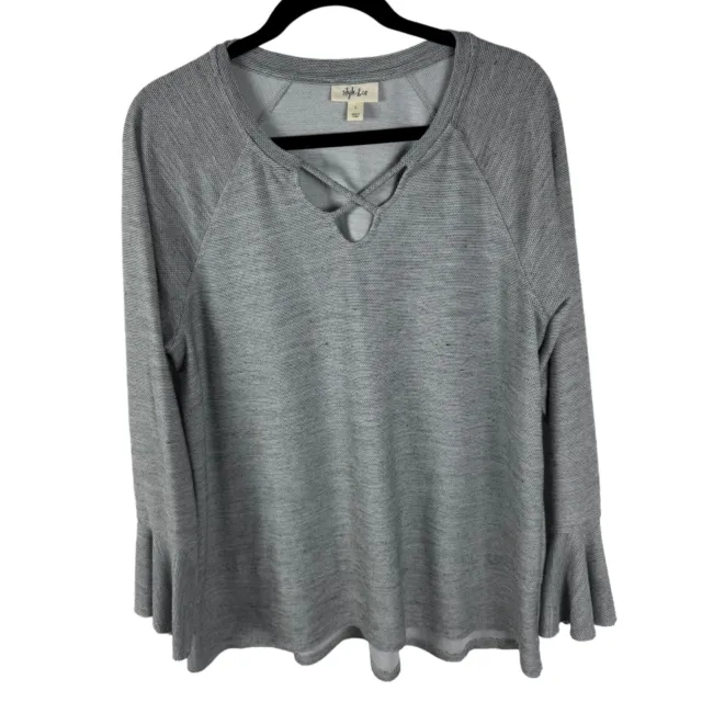 Style & Co Tunic Top Size Large Gray V-Neck Long Bell Sleeves