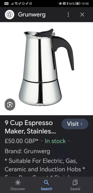 Grunwerg 9 Cup Cafe Ole Espresso Maker Induction Stainless Steel.SEM-09. New.