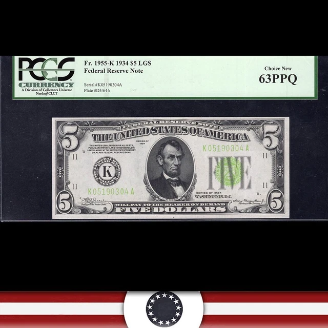 1934 $ DALLAS FRN LGS LIGHT GREEN SEAL PCGS 63 PPQ Fr 1955-k K05190304A-WC