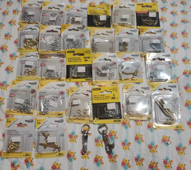 26-PACK LOT Stanley & National Hardware Mixed Hooks & Eyes Screw Eyes Cup Hooks