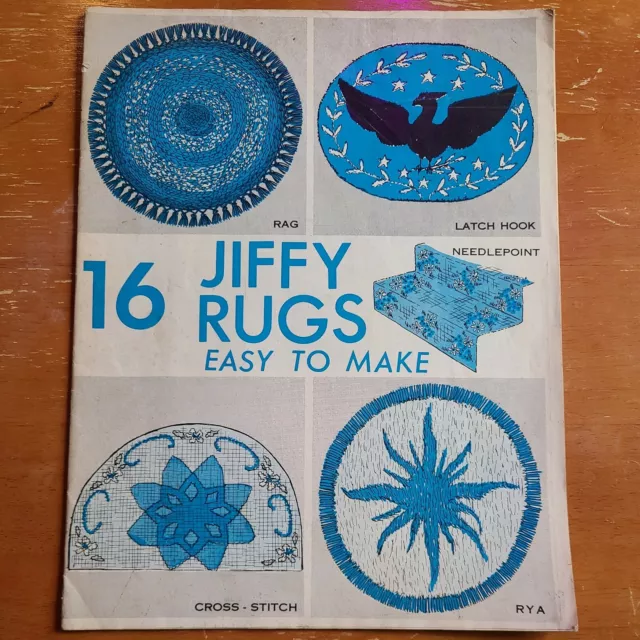 16 alfombras Jiffy fáciles de hacer vintage 1968 folleto punto de cruz trapo rya decoración del hogar