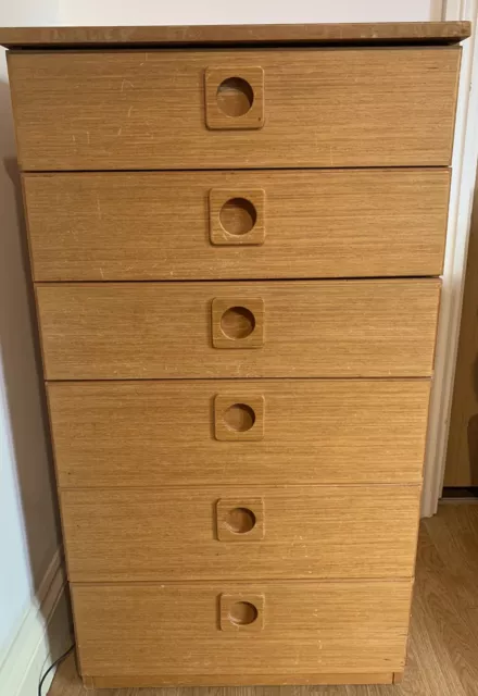 Retro Mid Century Teak SCHREIBER 6-Drawer Tall Boy/Chest Of Drawers On Castors.