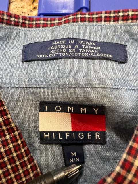 TOMMY HILFIGER SHIRT Men's Medium Burgundy Check Long Sleeve Button ...