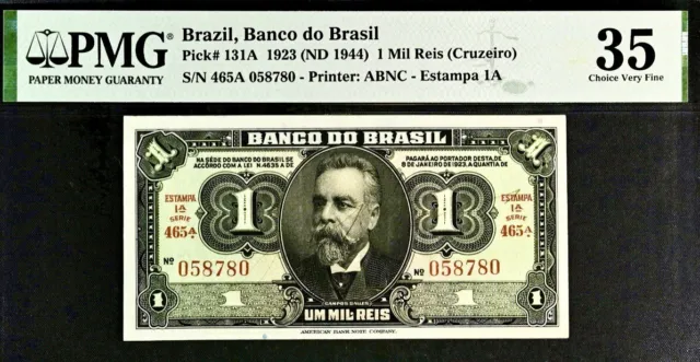 Brazil 1 Mil Reis (Cruzeiro) Pick# 131A 1923 PMG 35 Very Fine banknote