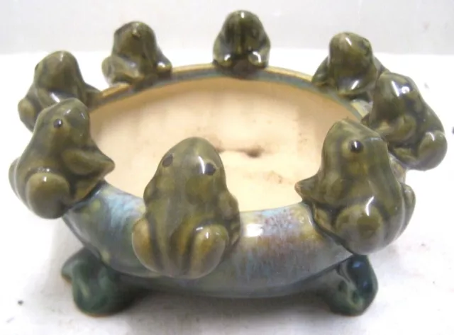 Vintage Glazed Art Pottery Frogs Bowl Planter Majolica Style 8 frogs
