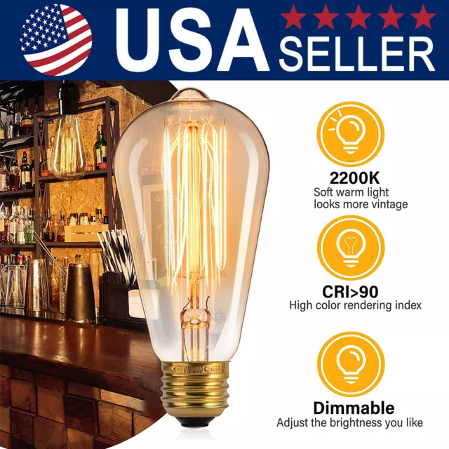 1/3/6-Pack ST64 E26 Vintage Edison Bulb 40W/60W Filament Light Bulb 2200K US