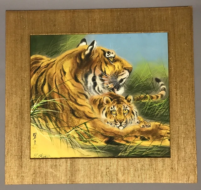 A Vintage Japanese Painting Of Tigers Paint On Fabric By J. Aoki