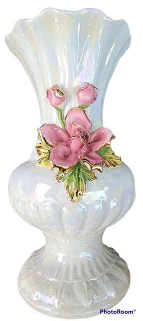 VINTAGE CAPODIMONTE LARGE Iridescent Vase w/ Pink Varigated Roses