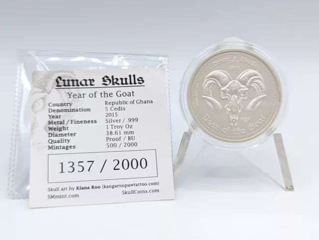 2015 Republic of Ghana 1oz 999 Silver Year of the Goat Lunar Skull Series w/ COA