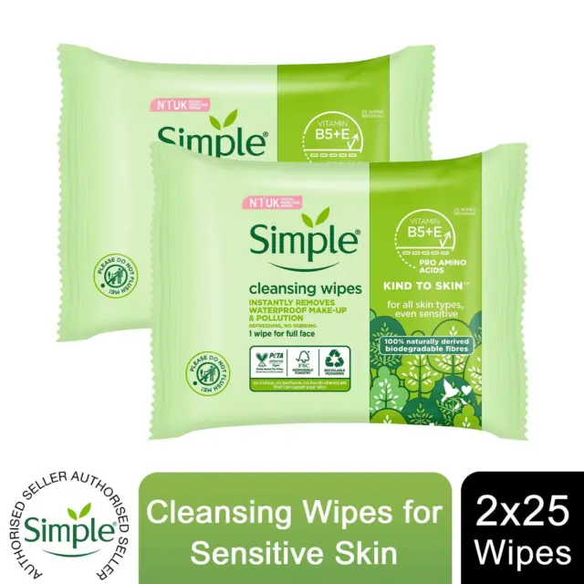 2x Simple Kind to Skin Double Sided Cleansing Biodegradable Facial Wipes, 25pcs