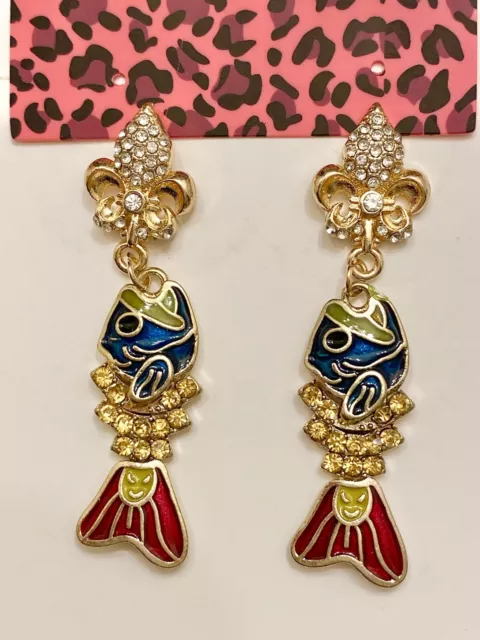 Betsey Johnson Moveable Rare Rhinestone Glazed Fish Earrings NWT