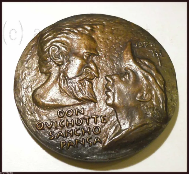 Rare large 100mm cast medal Spain Spanish CERVANTES Don Quixote Sancho Panza 2