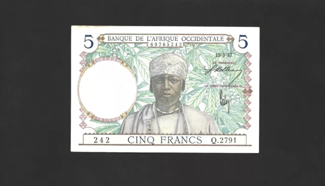 Billet 5 Francs Guinée Banque de l'Afrique occidentale Du 15-3-1937 en état SPL+