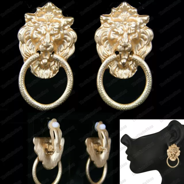 BOUCLES D'OREILLES CLIP SUR LION TON OR MAT vintage rétro volumineux KNOCKER cerceaux