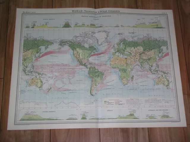 1922 Antique Map Of The World Vegetation Ocean Currents Plants America Asia