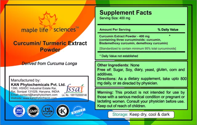 CURCUMIN 95% Turmeric Root (Curcuma Longa) Extract Pure & High Quality P.E. 2