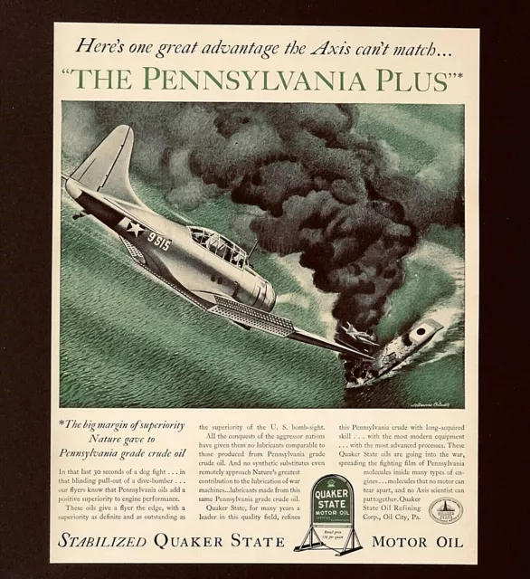 1942 Quaker State Motor Oil Advertisement WW II Bomber War Airplane Vtg Print AD