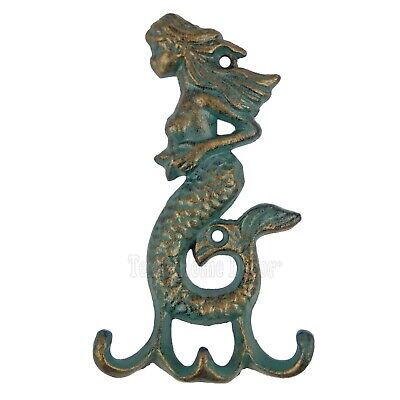 Mermaid Verdigris Key Rack Cast Iron Hook Hanger Nautical Green Gold Patina
