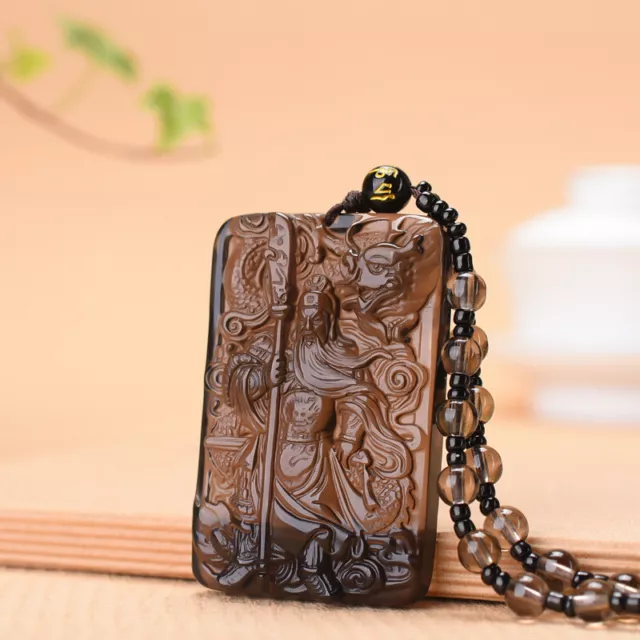 Natural Ice Obsidian Jade Pendant Beads Cord Necklace Guan Yu Statue Charm
