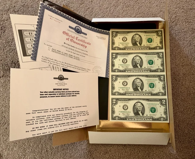 World Reserve Monetary Exchange Uncut Sheet $2 Dollar Bills Jefferson 2005--NEW!