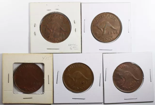 Lot of 5 1940's Australia Large Copper Pennies One Penny