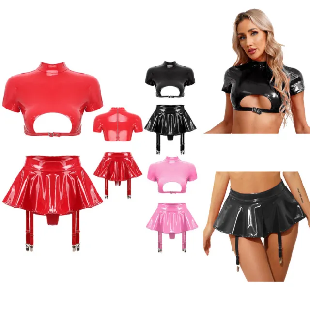 Sexy Womens Crop Top With Skirt Party Lingerie Set Wet Look Patent Leather Raves