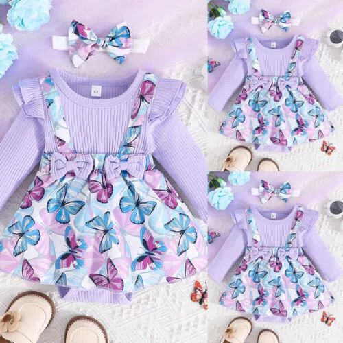Newborn Baby Girl Floral Ribbed Ruffle Romper Dress Outfit Set Butterfly Clothes
