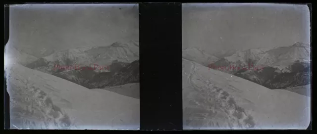 Montagne Neige c1910 Photo NEGATIVE Plaque verre Stereo Vintage V33L3n