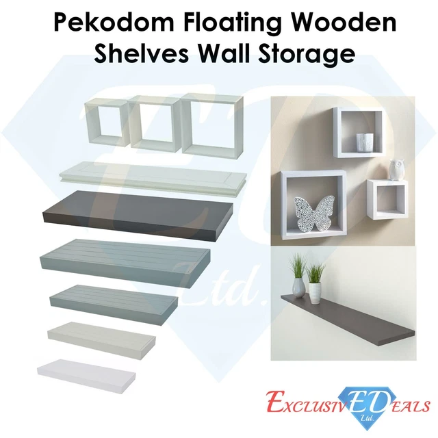 PEKODOM WOODEN FLOATING Wall Shelves, Hidden Bracket Grey/White 30/60