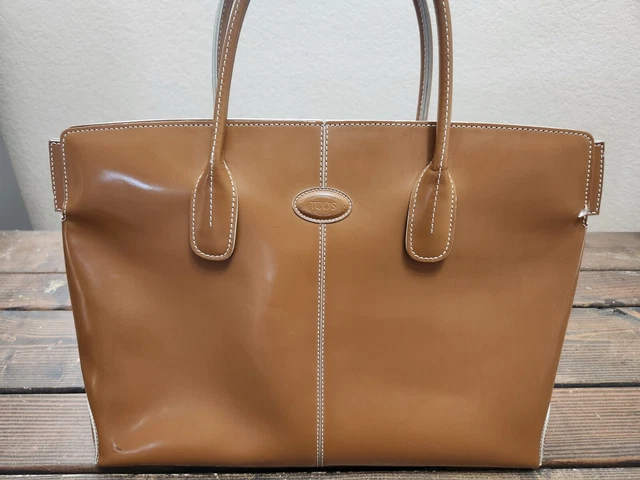 Tods Cognac Glossy Leather Tote Satchel Handbag
