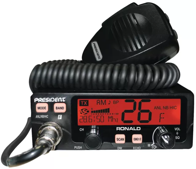 PRESIDENT RONALD 10 Meter AM/FM Amateur Ham Radio Transceiver, Talkback, PA Mode