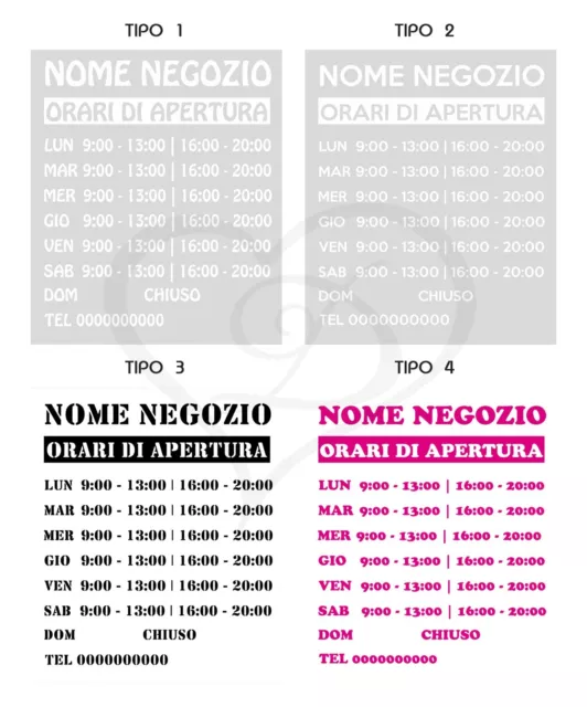 Adesivo Vetrina Negozi Orari Di Apertura Personalizzato 20X30 Bianco Fucsia Nero