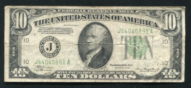 1934-A $10 Ten Dollars Frn Federal Reserve Note Kansas City, Mo 