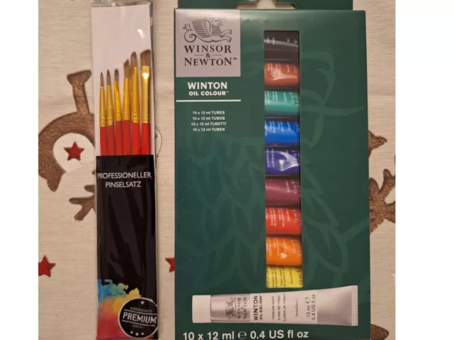 Winsor&Newton 10 Ölfarben und 6 Pinsel Neu OVP Künstlerbedarf