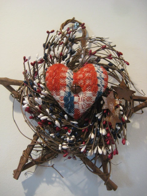 Primitive Grapevine Star - Antique Coverlet Heart - Patriotic Wall Door Hanger