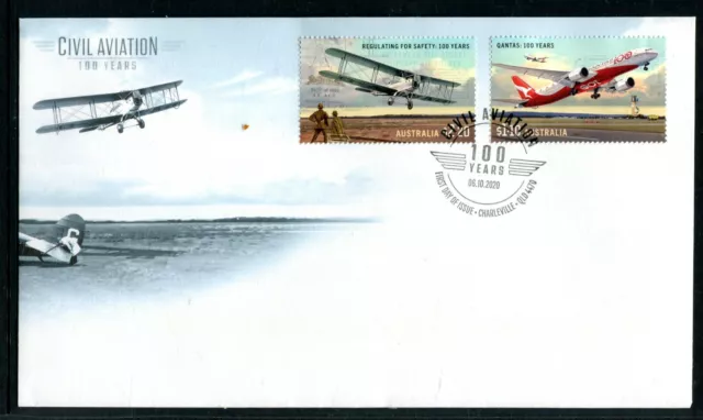 2020 Civil Aviation 100 Years (Gummed Stamps) FDC - Charleville Qld 4470 PMK
