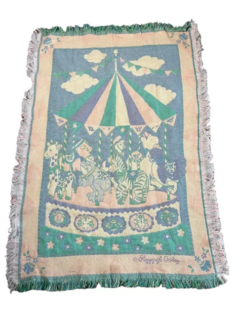 Vintage Crown Crafts Goodwin Weavers Pastel Fringe Trim Carousel Blanket Animals