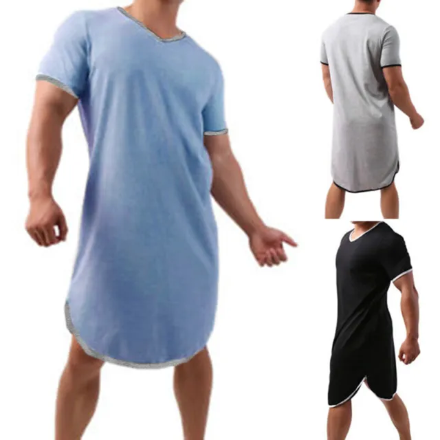 Men's Nightshirt Satin Nightwear V Neck Short Sleeve Pajama Sleep T-Shirt Summer