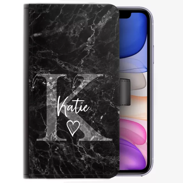 Gris Initiale Téléphone Étui ;p Ersonalised Nom Coeur Noir Marbre Cuir PU Housse