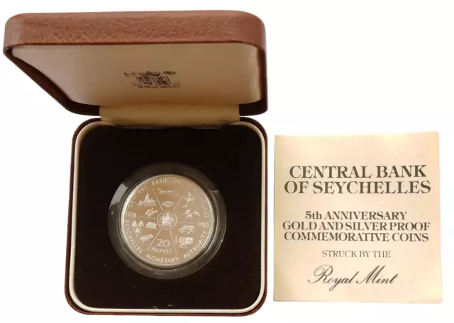 Seychelles 20 Rupees 1983 Central Anniversary Bank Silver Proof Box + Coa